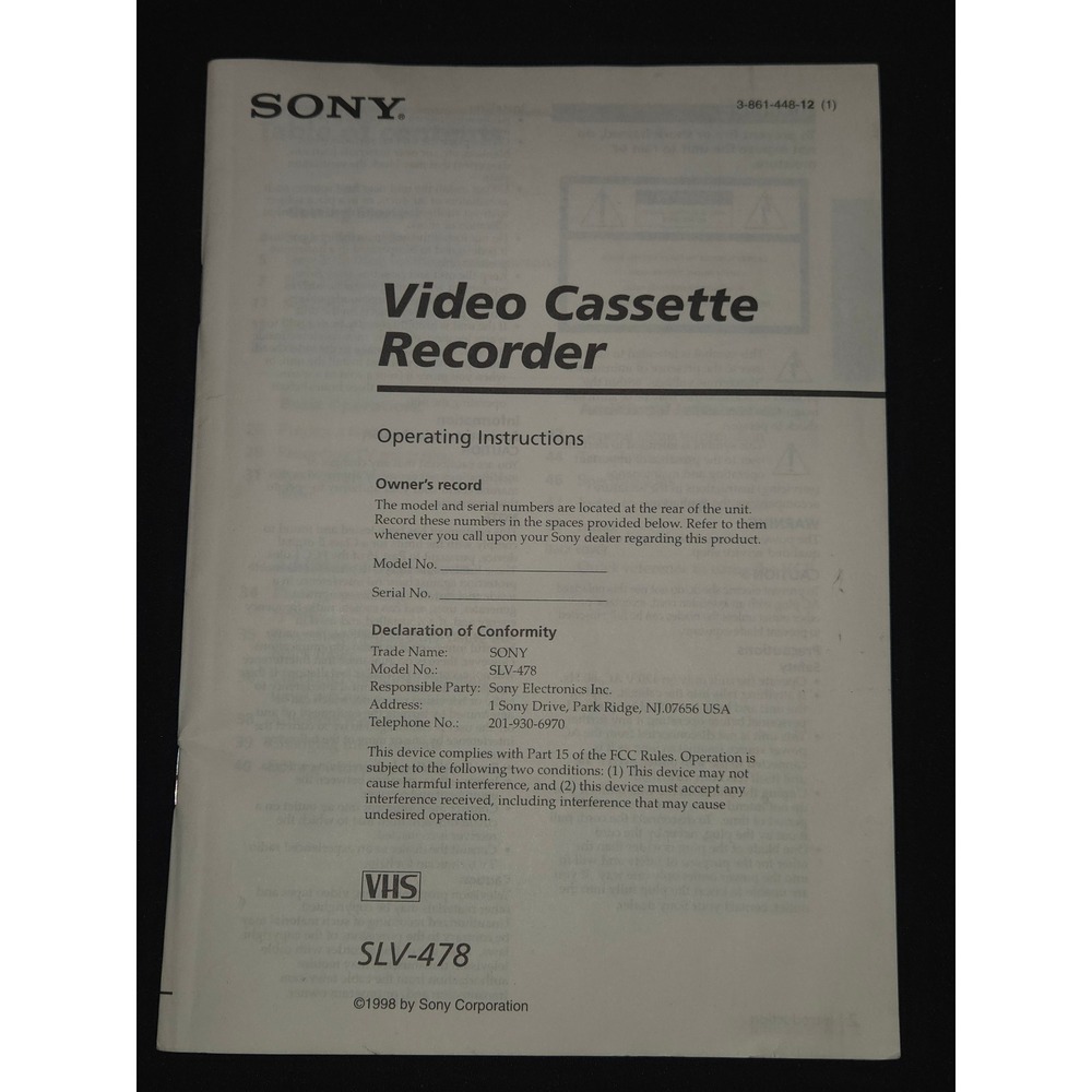Sony SLV 478 Video Cassette Recorder VCR Owner Operating Instructions Manual